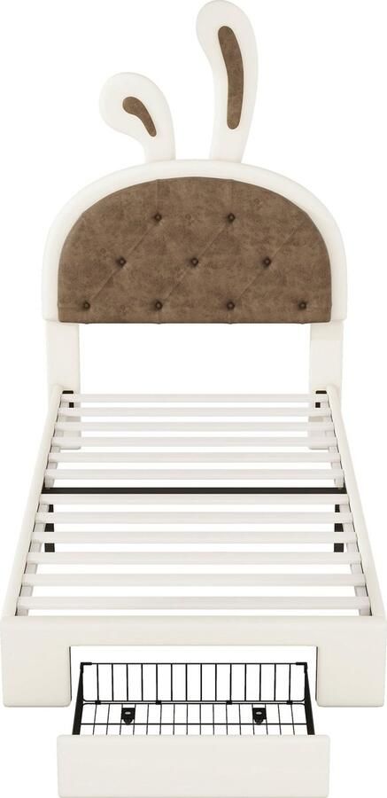 Merax Kinderbed 90x200 cm in Kunstleer Gestoffeerd met Opberglade Eenpersoonsbed met Konijnen Oren Beige