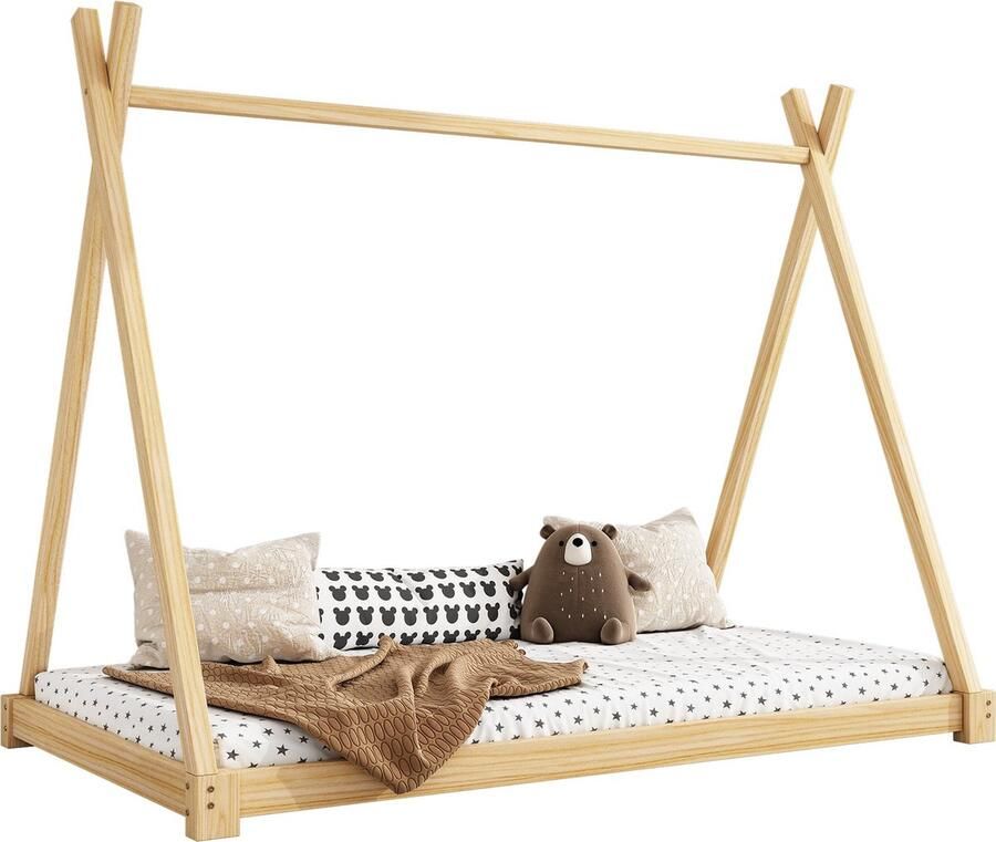 Merax Kinderbed 90x200 cm Massief Houten Bed in Tentvorm Natuurlijke Kleur