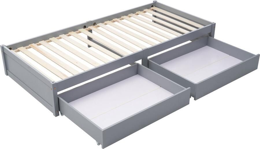 Merax Kinderbed 90x200 cm met 2 Opberglades Massief Houten Minimalistisch Bed met Lattenbodem- Modern Eenpersoonsbed met Opbergruimte Grijs