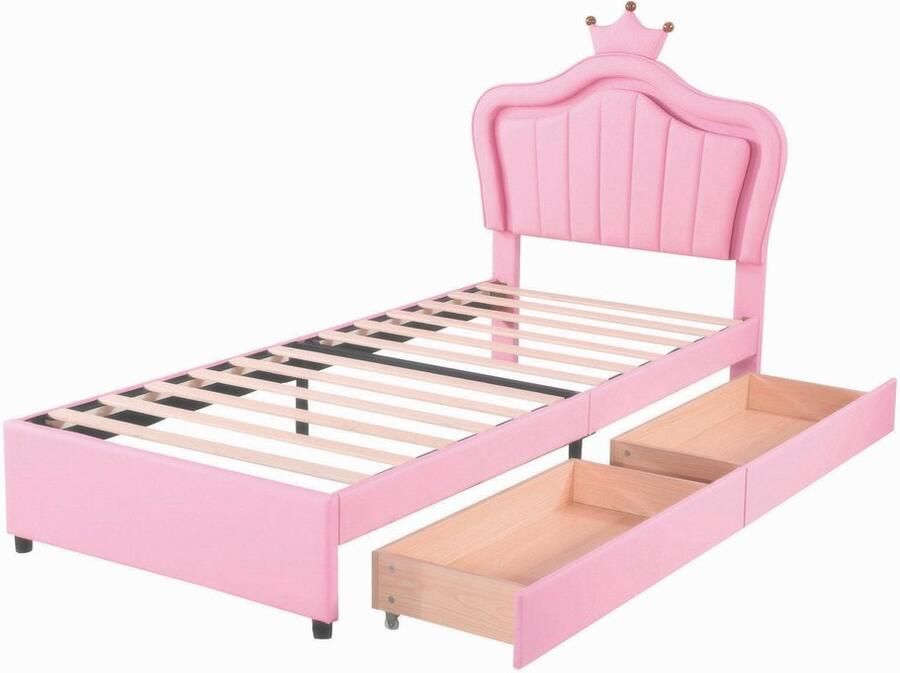Merax Kinderbed 90x200 cm met 2 Opberglades Meisjesbed met LED Verlichting en Kroon op Hoofdbord Prinsessenbed in Roze Kunstleer
