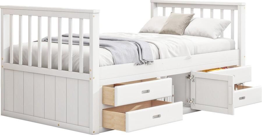 Merax Kinderbed 90x200 cm met 4 Lades en Deur Eenpersoonsbed met Opbergruimte Houten Bed Wit