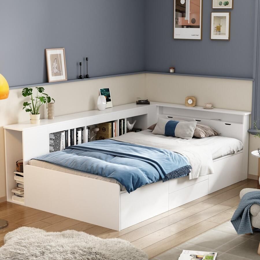 Merax Kinderbed 90x200 cm met 4 Lades – Wit Eenpersoonsbed van MDF met Boekenkast en Opbergkasten – Bed met Veel Opbergruimte – Inclusief Lattenbodem - Foto 3