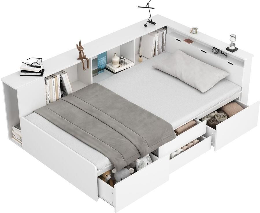 Merax Kinderbed 90x200 cm met 4 Lades – Wit Eenpersoonsbed van MDF met Boekenkast en Opbergkasten – Bed met Veel Opbergruimte – Inclusief Lattenbodem - Foto 4