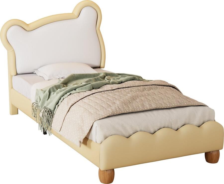 Merax Kinderbed 90x200 cm met Beren Hoofdbord Inclusief Beren Oren Kunstleer Gestoffeerd Eenpersoonsbed met Lattenbodem Geel