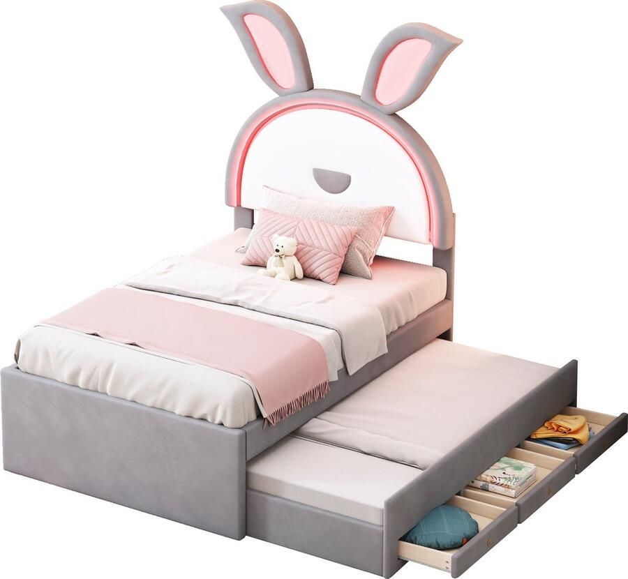 Merax Kinderbed 90x200 cm met Extra Uitschuifbaar Logeerbed 90x190 cm Multifunctioneel Gestoffeerd Bed met Opberglades en LED-Verlichting Grijs