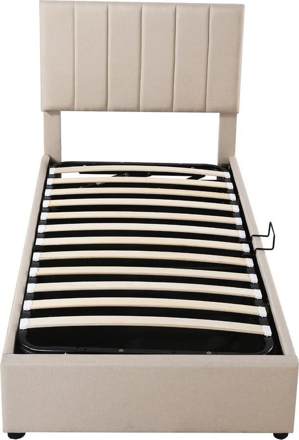 Merax Kinderbed 90x200 cm met Hydraulisch Opbergsysteem Gestoffeerd Hoofdbord Linnenstof Beige