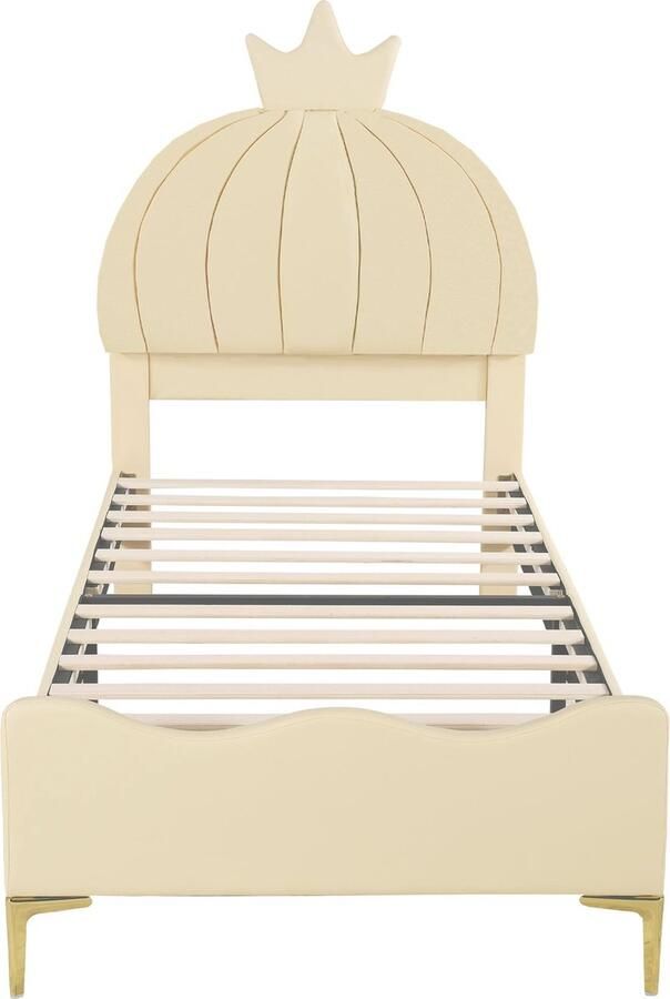 Merax Kinderbed 90x200 cm met Kroon Hoofdbord Kunstleer Gestoffeerd Eenpersoonsbed met Hoge Metalen Poten Beige