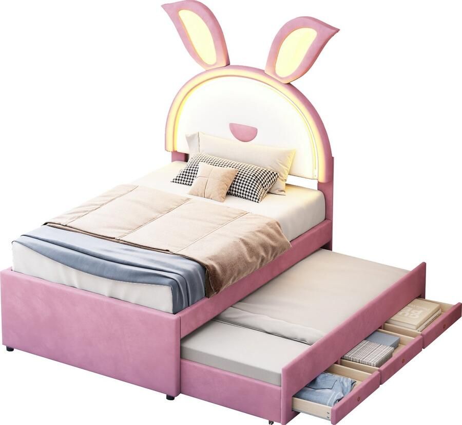 Merax Kinderbed 90x200 cm met Lades en LED Verlichting Roze Gestoffeerd Eenpersoonsbed met Extra Uittrekbaar Bed Fluweelstof