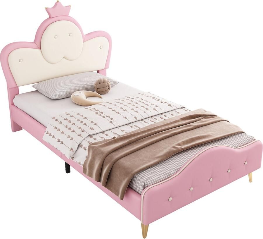 Merax Polsterbett Kinderbett mit weichen Schutzkanten Monochromer LED-Streifen Kopfteil mit Krone Bettfüße aus Metall Wellenform mit Zugpunkt am Kopfende des Bettes Einzelbett PU Rosa+Weiß 90x200CM - Foto 2