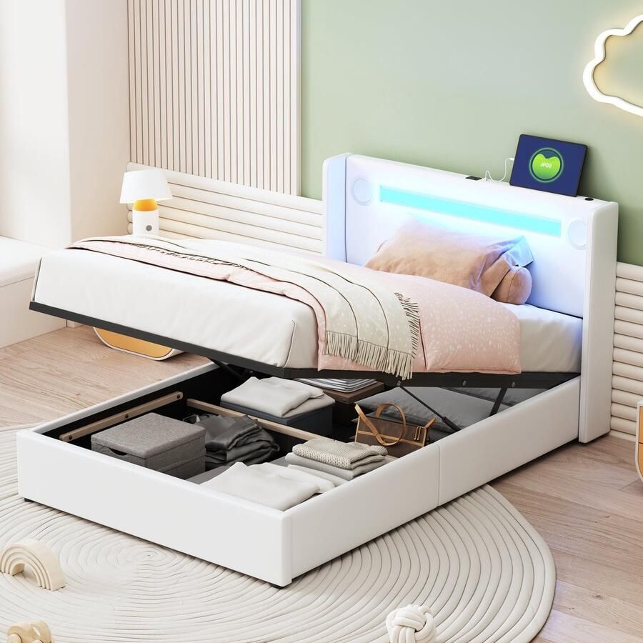 Merax Kinderbed 90x200 cm met LED Verlichting en Bluetooth Speaker – Wit Kunstleer – Eenpersoonsbed met USB Oplaadpunten en Hydraulische Opbergruimte