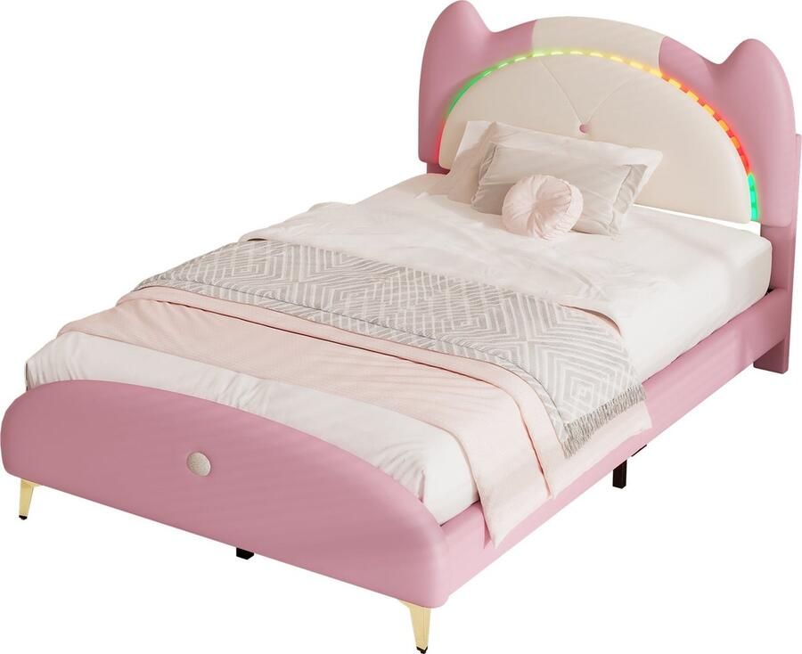 Merax Kinderbed 90x200 cm met LED Verlichting Kunstleer Gestoffeerd Eenpersoonsbed Bed voor Kinderen met Houten Lattenbodem Roze met Beige
