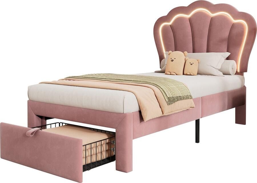 Merax Kinderbed 90x200 cm met LED Verlichting Schuiflade Verstelbaar Hoofdbord en Lattenbodem – Roze Fluwelen Eenpersoonsbed met App-bestuurde RGB LED - Foto 2