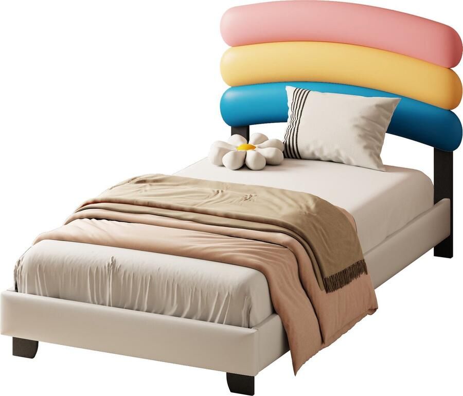 Merax Kinderbed 90x200 cm met Regenboog Hoofdbord Kunstleer Gestoffeerd Bed voor Kinderen Houten Lattenbodem Wit