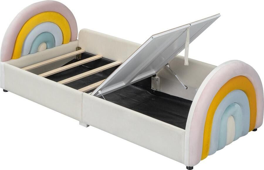 Merax Kinderbed 90x200 cm met Regonboog Hoofdbord en Voeteneind Gestoffeerd Eenpersoonsbed met Handige Opbergruimte onder Lattenbodem Meerkleurig
