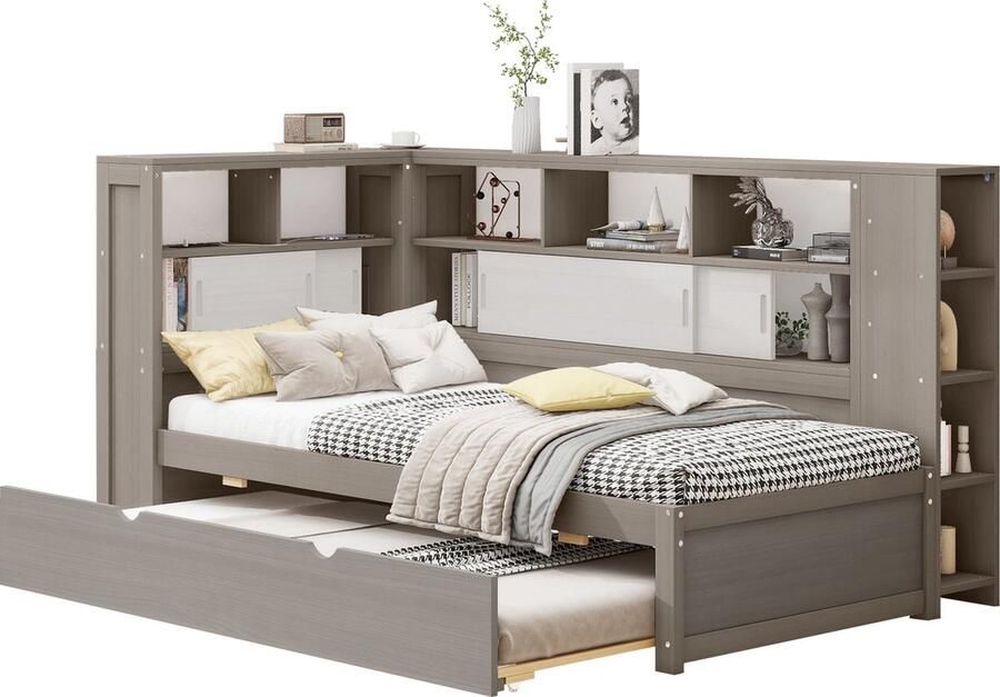 Merax Kinderbed 90x200 cm met Ruime Opbergruimte en Extra Uitschuifbaar Bed 90x190 cm Houten Eenpersoonsbed met USB Aansluiting Grijs