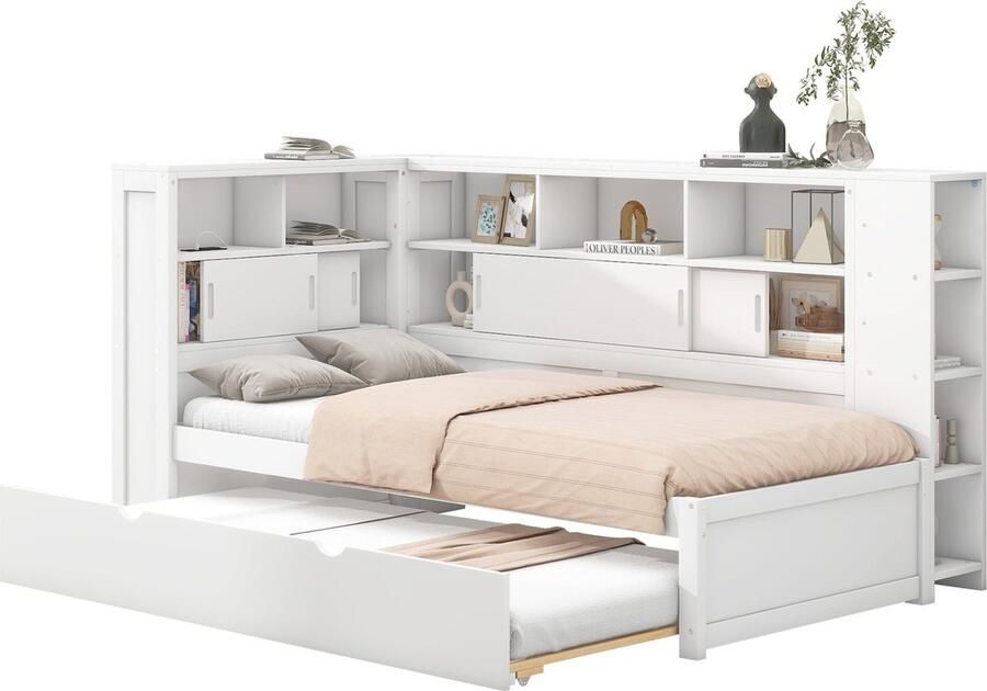 Merax Kinderbed 90x200 cm met Uitrolbed en USB-oplaadpunt Wit Houten Platformbed met Opbergruimte en Schuifdeuren