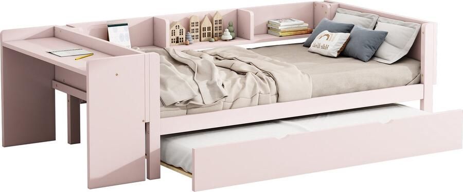 Merax Kinderbed 90x200 cm met Uittrekbaar Bed 90x180 cm – Eenpersoonsbed met Bureau en 3 Opbergvakken – Massief Hout en MDF – Roze