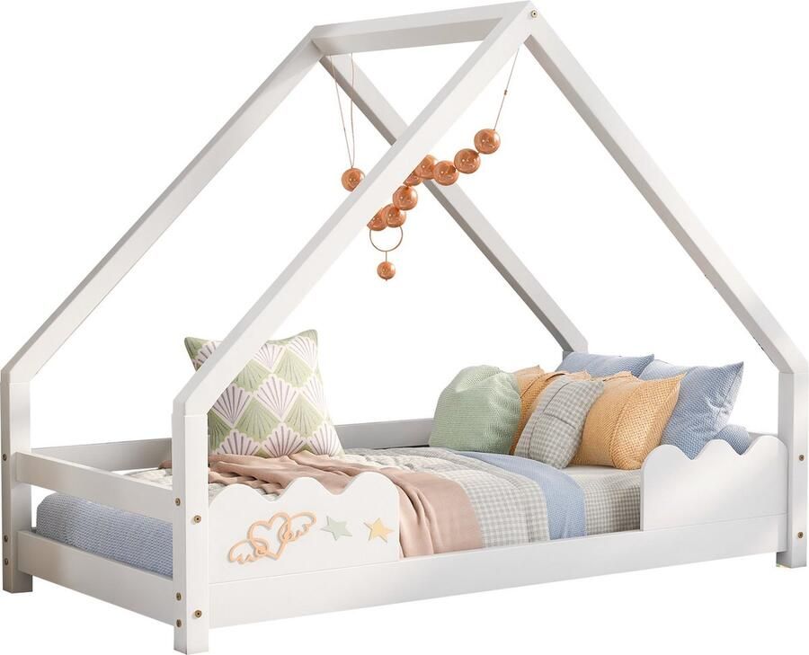 Merax Huisbed Kinderbed 90x200 cm met Valbeveiliging Speelbed Jeugdbed Massief Hout in Wit