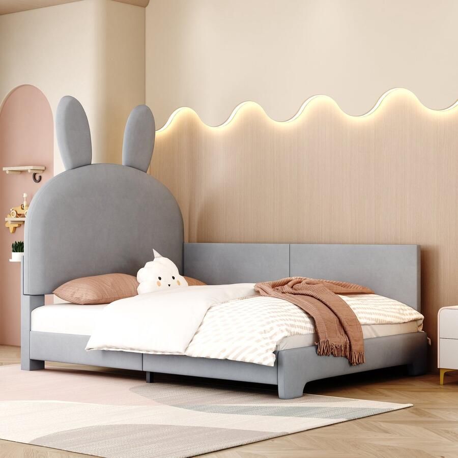 Merax Kinderbed 90x200 cm met Verlengde Rugleuning Gestoffeerd Eenpersoonsbed met Konijnen Hoofdbord Slaapbank in Grijs Fluweel