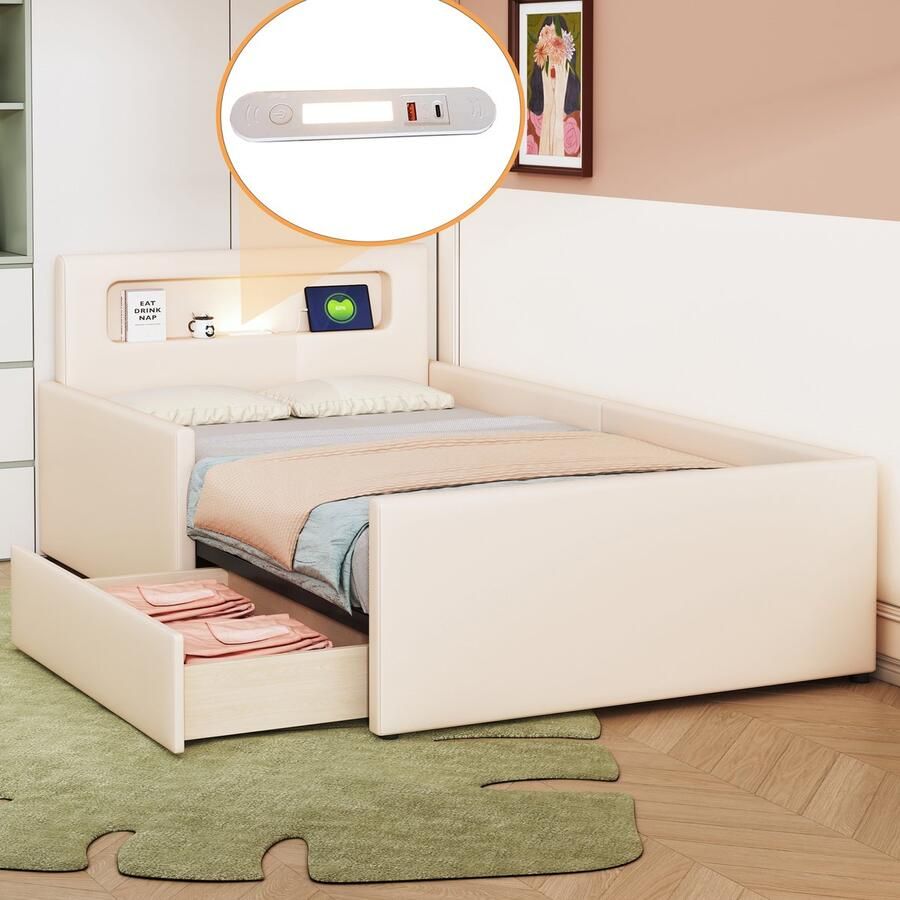 Merax Kinderbed 90x200 cm met verlichting en USB-oplaadpoort met opbergruimte Inclusief uitvalbeveiliging beige zonder matras