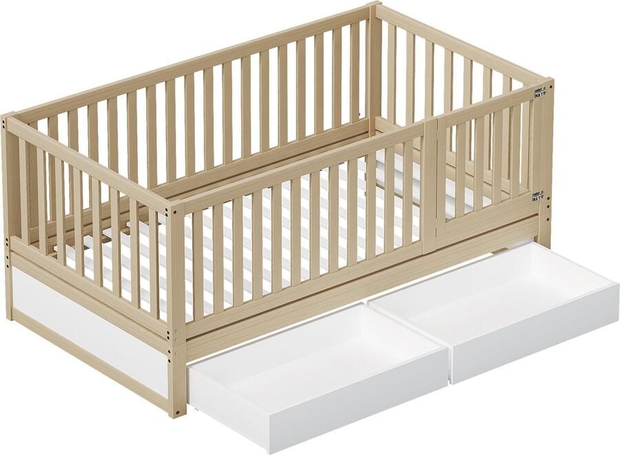 Merax Kinderbed 90x200 cm met Volledige Omheining Eenpersoonsbed met Multifunctionele Bedombouw Bruin