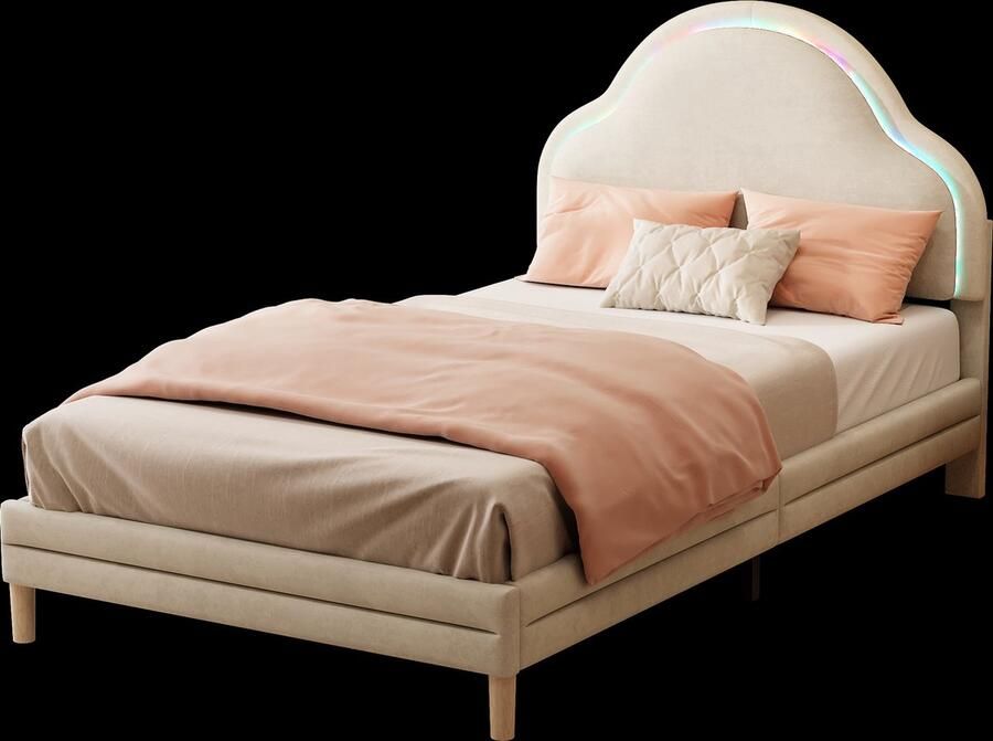 Merax Kinderbed met Wolkvormig Hoofdbord en LED Verlichting 90x200 cm Gestoffeerd Eenpersoonsbed -Fluweel Bed Beige (Zonder Matras)