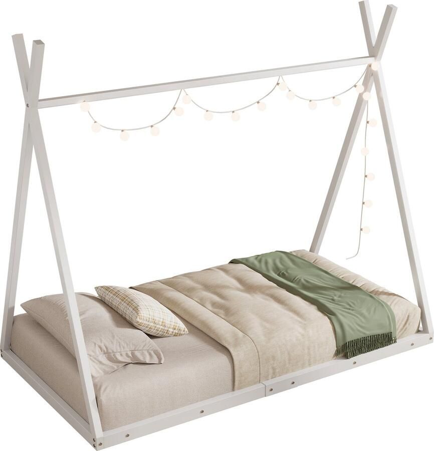 Merax Kinderbed 90x200 cm Metalen Eenpersoonsbed in Tent Vorm Driehoekig Bed voor Kinderen Wit