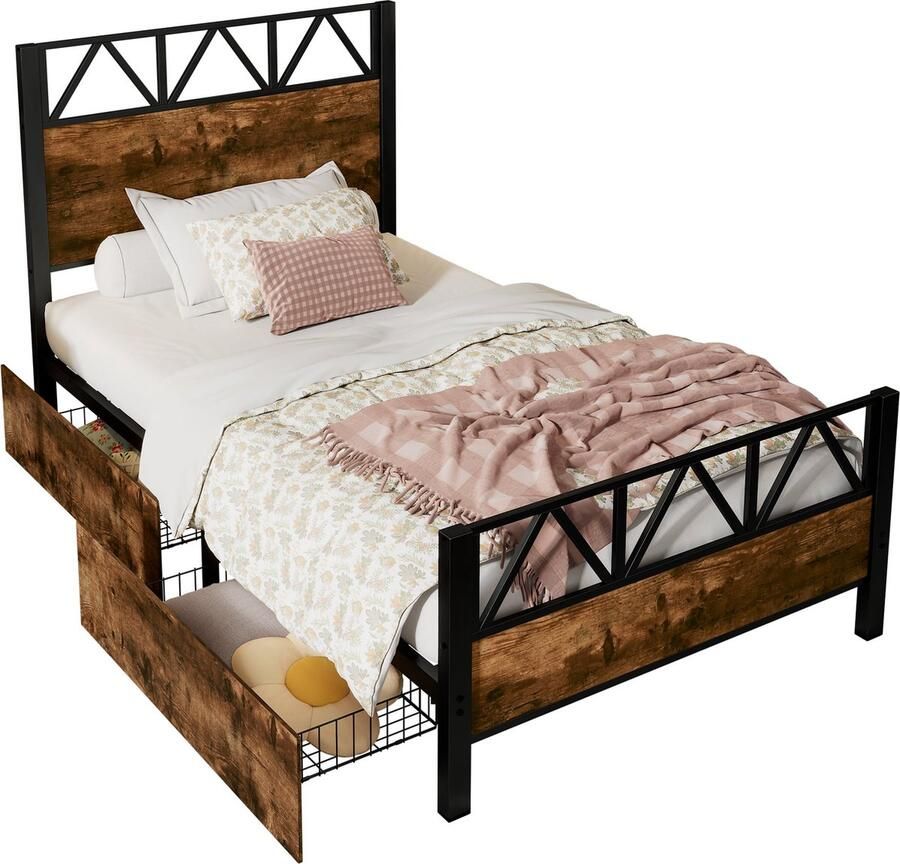 Merax Kinderbed 90x200 cm Metalen Frame met MDF en Vintage Houtlook Twee Schuifladen Zwart en Walnoot