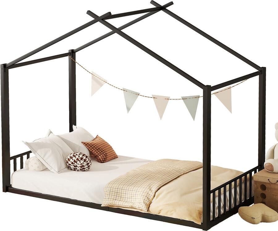Merax Kinderbed 90x200 cm Metalen Huisbed Eenpersoonsbed Bed voor Kinderen Zwart