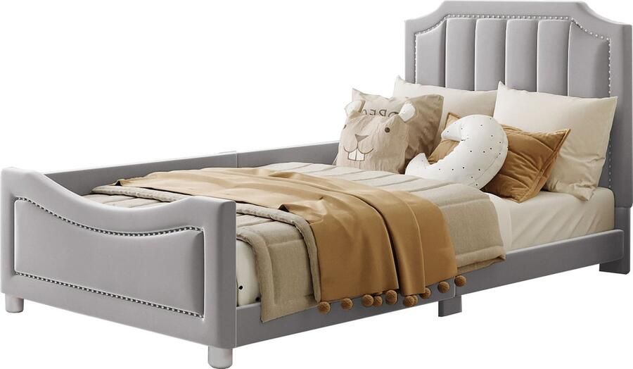 Merax Kinderbed Polsterbed 90x200 cm Multifunctioneel Flanellen Bed met Rugleuning en Armleuningen Jeugd- en Gastbed in Grijs