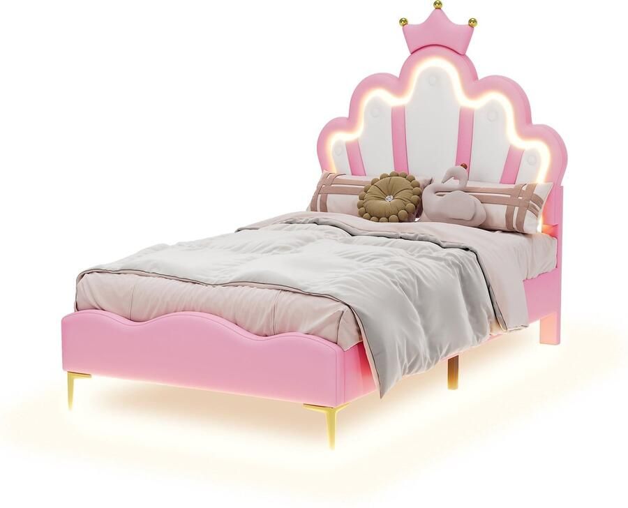 Merax Prinsessenbed 90x200 cm – Roze Kunstleer – Kinderbed met LED Verlichting & USB Oplader – Laag Tweepersoonsbed – Sprookjesachtig Design