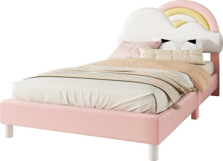 Merax Kinderbed 90x200 cm – Regenboog- en Wolkendesign Kunstleer Eenpersoonsbed met Lattenbodem Modern Minimalistisch Roze