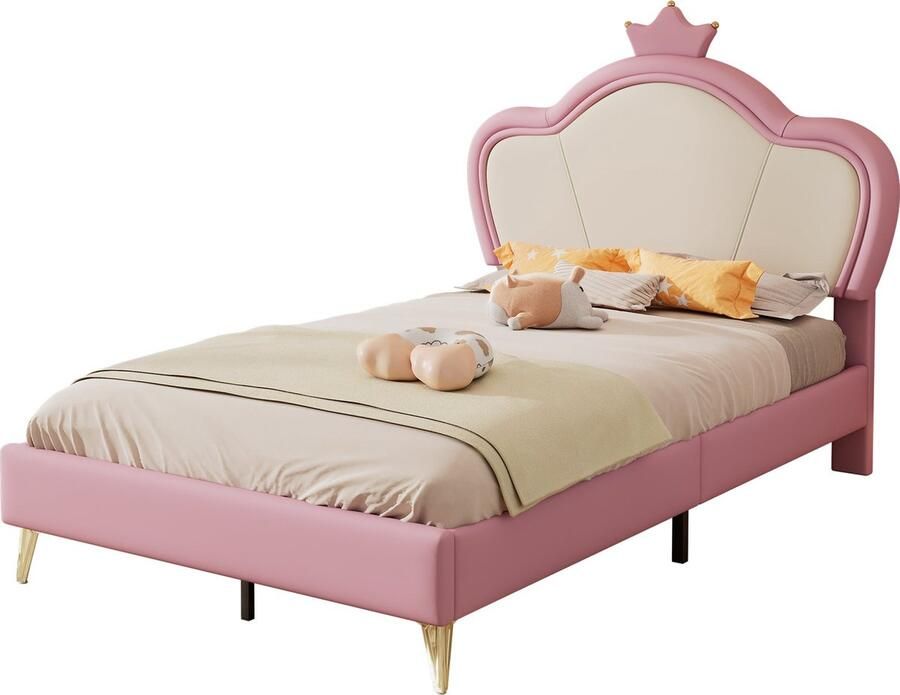 Merax Kinderbed 90x200 cm – Roze met Wit Kunstleer Gestoffeerd Bed Eenpersoonsbed met Kroon op Hoofdbord en Metalen Poten