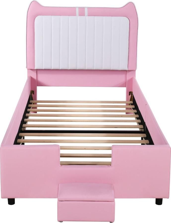 Merax Kinderbed 90x200 cm Roze Patchwork Bed met Schattige Oor-vormige Hoofdbord en Opbergbank Kunstleer