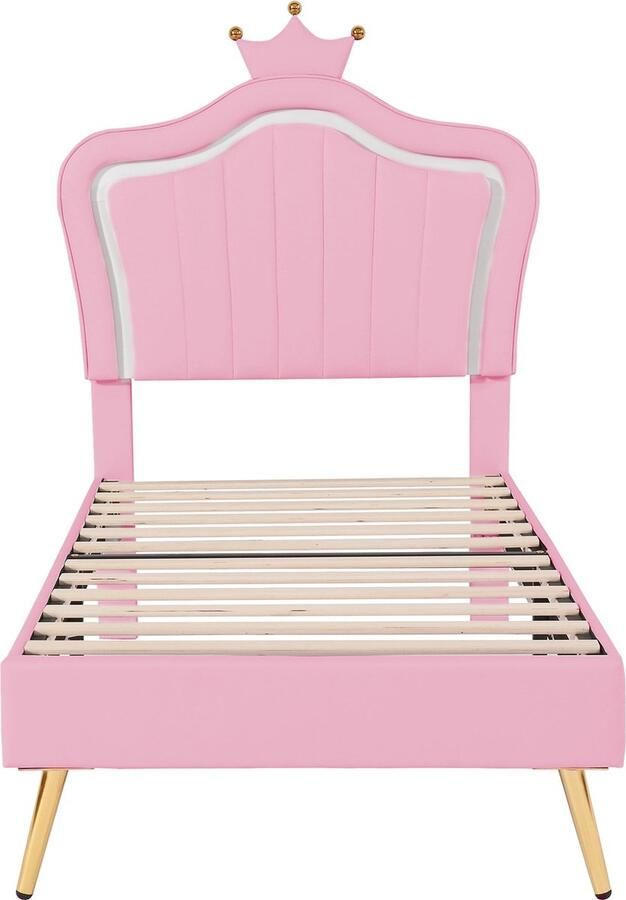 Merax Gestoffeerd kinderbed 90 x 200 cm voor Meis Gestoffeerd kinderbed 90 x 200 cm voor Meisjes Roze Kronen Bed met LED Verlichting Lattenbodem en Rugleuning