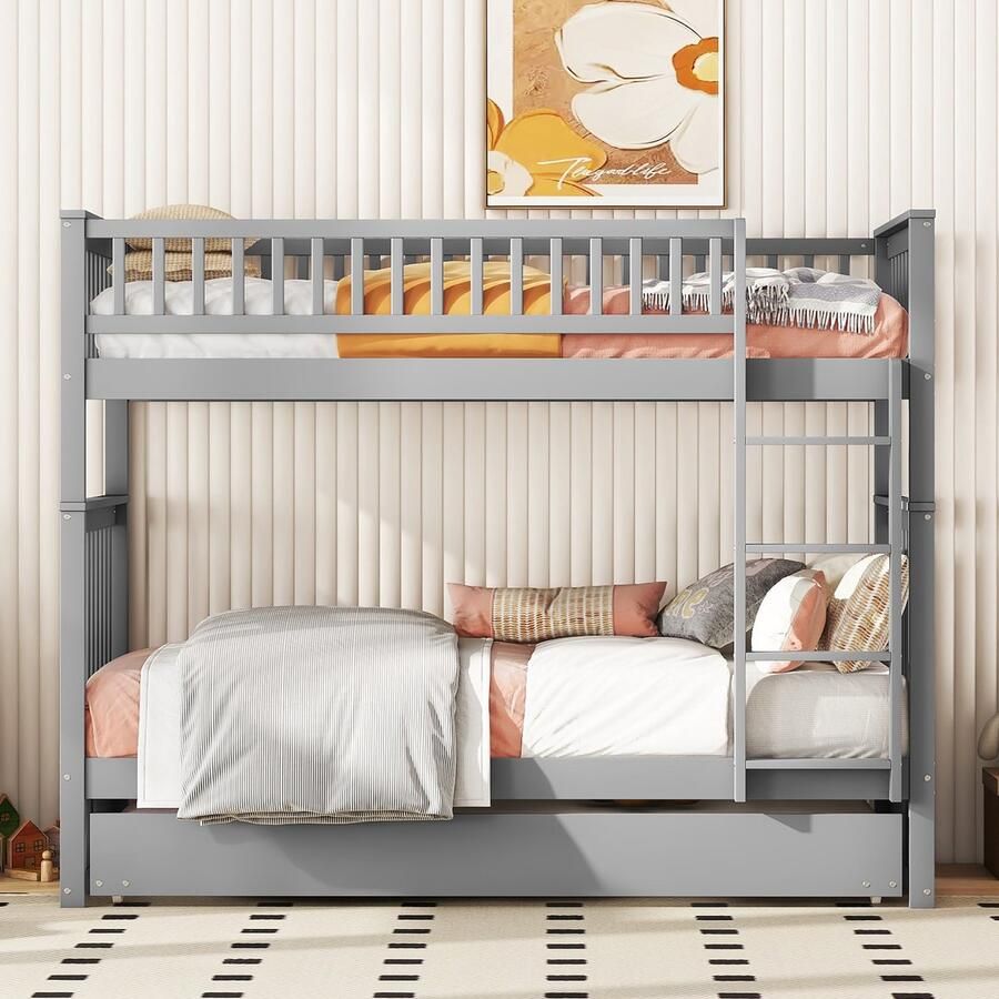 Merax Kinderbed 90x200 cm stapelbed driepersoonsbed met uitschuifbaar bed hoge bescherming grijs zonder matras