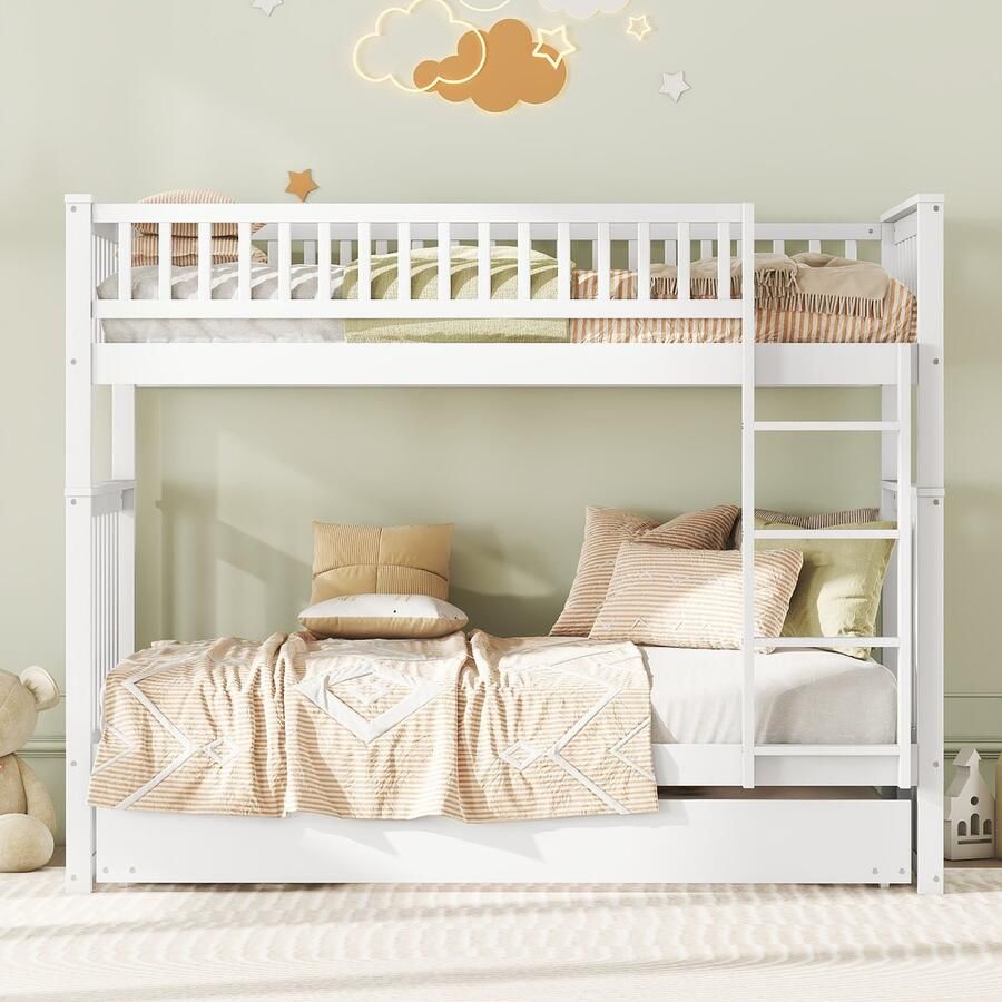 Merax Kinderbed 90x200 cm stapelbed driepersoonsbed met uitschuifbaar bed hoge bescherming wit zonder matras