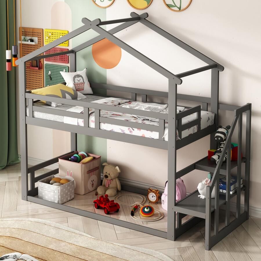 Merax Kinderbed 90x200 cm stapelbed met veiligheidsladder massief houten bedframe inclusief lattenbodem wit zonder matras