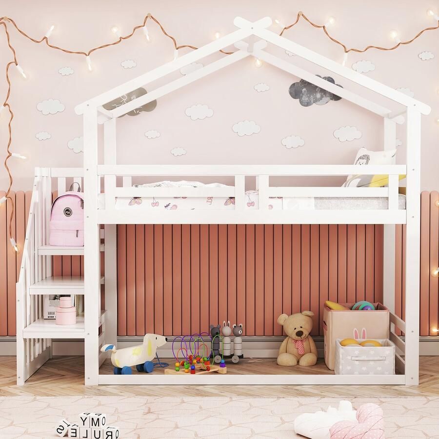 Merax Kinderbed 90x200 cm stapelbed met veiligheidsladder massief houten bedframe inclusief lattenbodem wit zonder matras