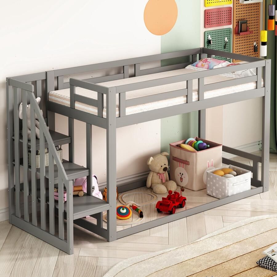 Merax Kinderbed 90x200 cm stapelbed met veiligheidsladder massief houten bedframe met grijze lattenbodem zonder matras