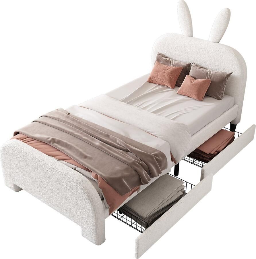 Merax Kinderbed 90x200 cm – Wit Fluwelen Bed met Konijnenoren Hoofdbord en 2 Opbergladen – Houten Lattenbodem