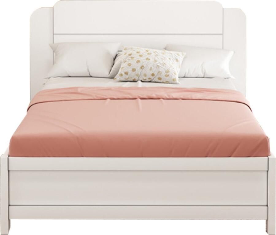 Merax Kinderbed 90x200 cm Wit Massief Houten Bed met Minimalistisch Design en Lijnvormig Hoofdbord