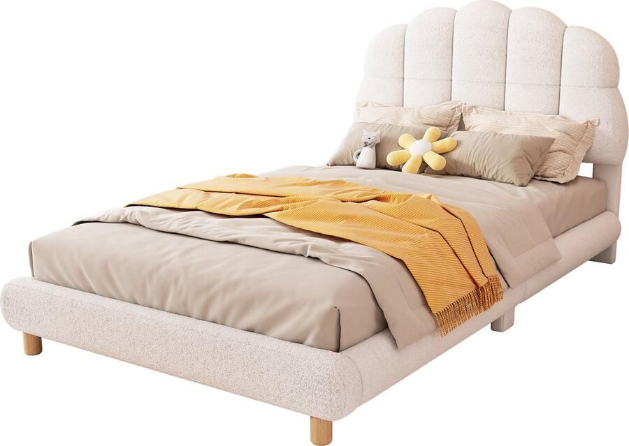 Merax Kinderbed 90x200 cm Wit Pluche Bed met Zacht Hoofdbord in Bloemen Vorm