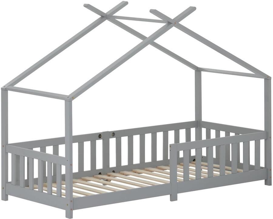 Merax Huisbed Eenpersoonsbed 90x200 cm Kinderbed van Massief Hout met Lattenbodem en Uitvalbeveiliging Grijs FSC Gecertificeerd