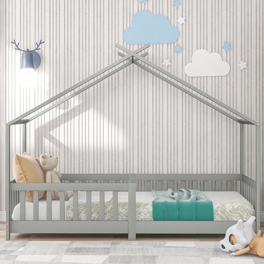 Merax Huisbed Eenpersoonsbed 90x200 cm Kinderbed van Massief Hout met Lattenbodem en Uitvalbeveiliging Grijs FSC Gecertificeerd - Foto 2