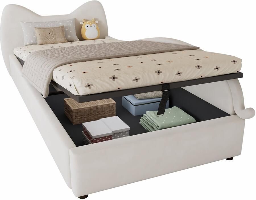 Merax Kinderbed 90x200 – Gestoffeerd Bed met Katten-Design – Hydraulisch Opbergvak met Greep – Stabiele Lattenbodem – Zacht Fluweel – Beige