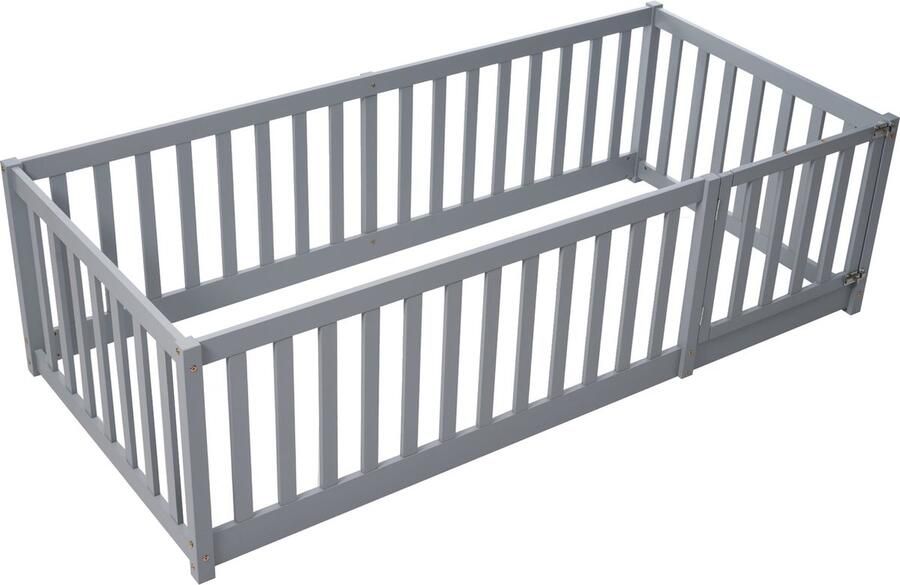 Merax Kinderbed 90x200 – Grijs Houten Bed met Veiligheidshek en Deur – Laag Bodembed – Speelbed Zonder Matras – Montessori Stijl - Foto 2