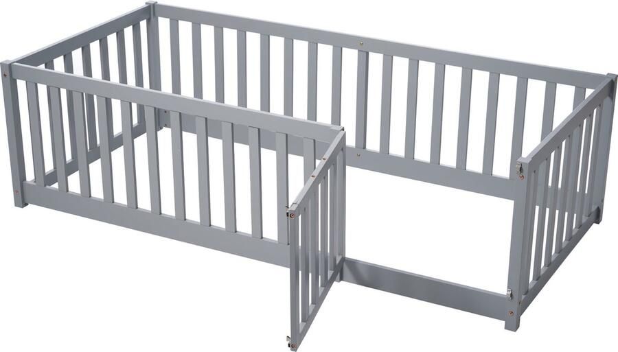 Merax Kinderbed 90x200 – Grijs Houten Bed met Veiligheidshek en Deur – Laag Bodembed – Speelbed Zonder Matras – Montessori Stijl