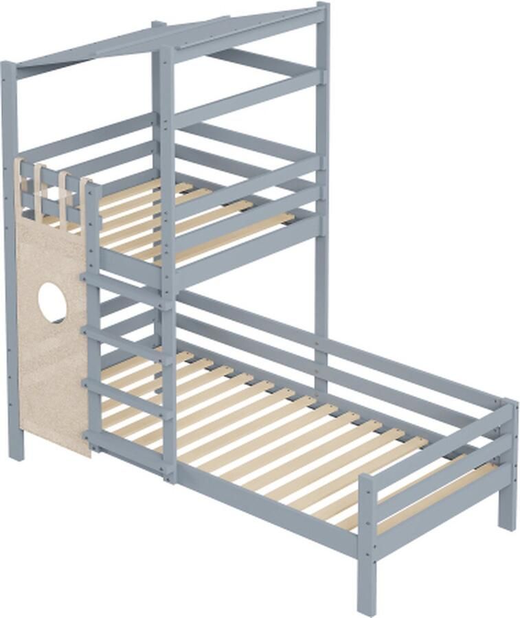 Merax Kinderbed 90 x 200 Hoogslaper met Dak Premium Massief Houten Bed met Lattenbodem Grijs