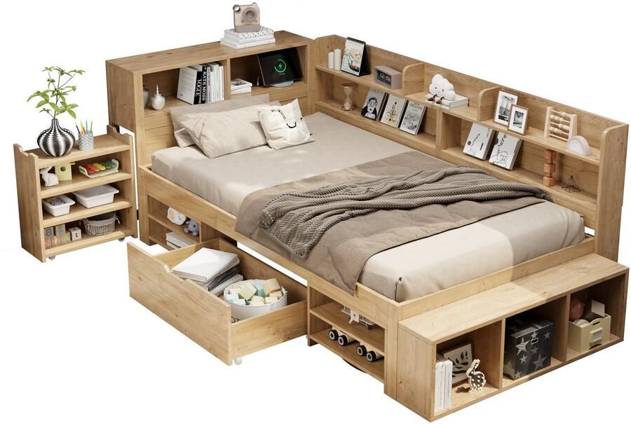 Merax Kinderbed 90x200 – Massief Houten Stauraumbed – Eenpersoonsbed met Nachtkastjes – Regalen en Kasten – Bed met Draadloze Oplader – Zonder Matras – Naturel